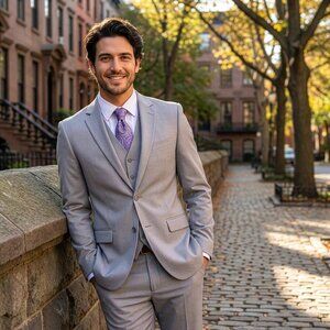 New 2026 Mens 3pc Light Grey Suit Set, Hybrid Fit